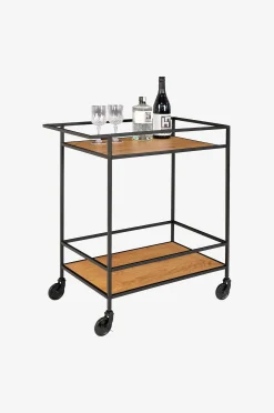 Bar Trolley Vita. Black frame with wheels and two Oak shelves
