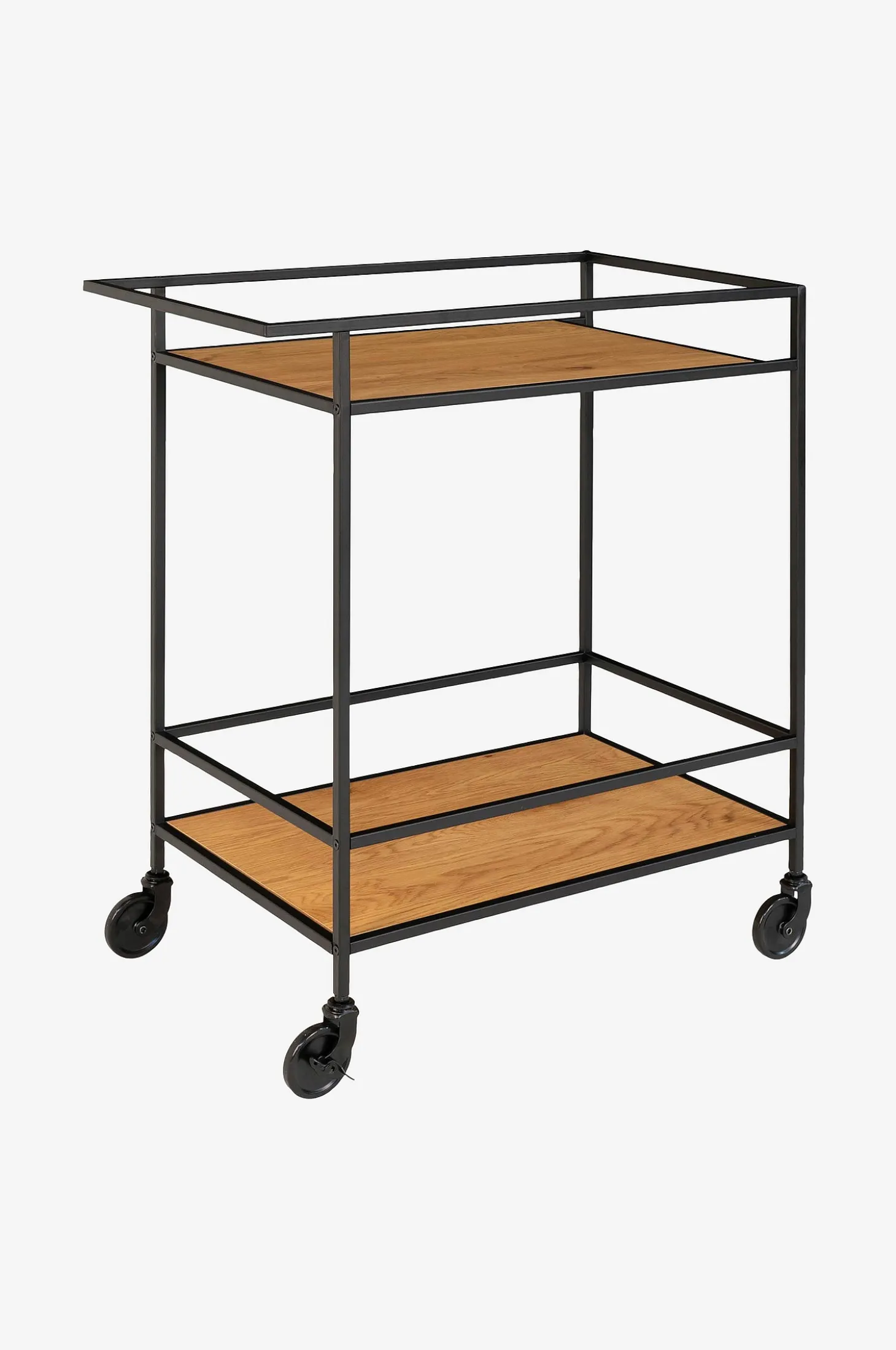 Bar Trolley Vita. Black frame with wheels and two Oak shelves