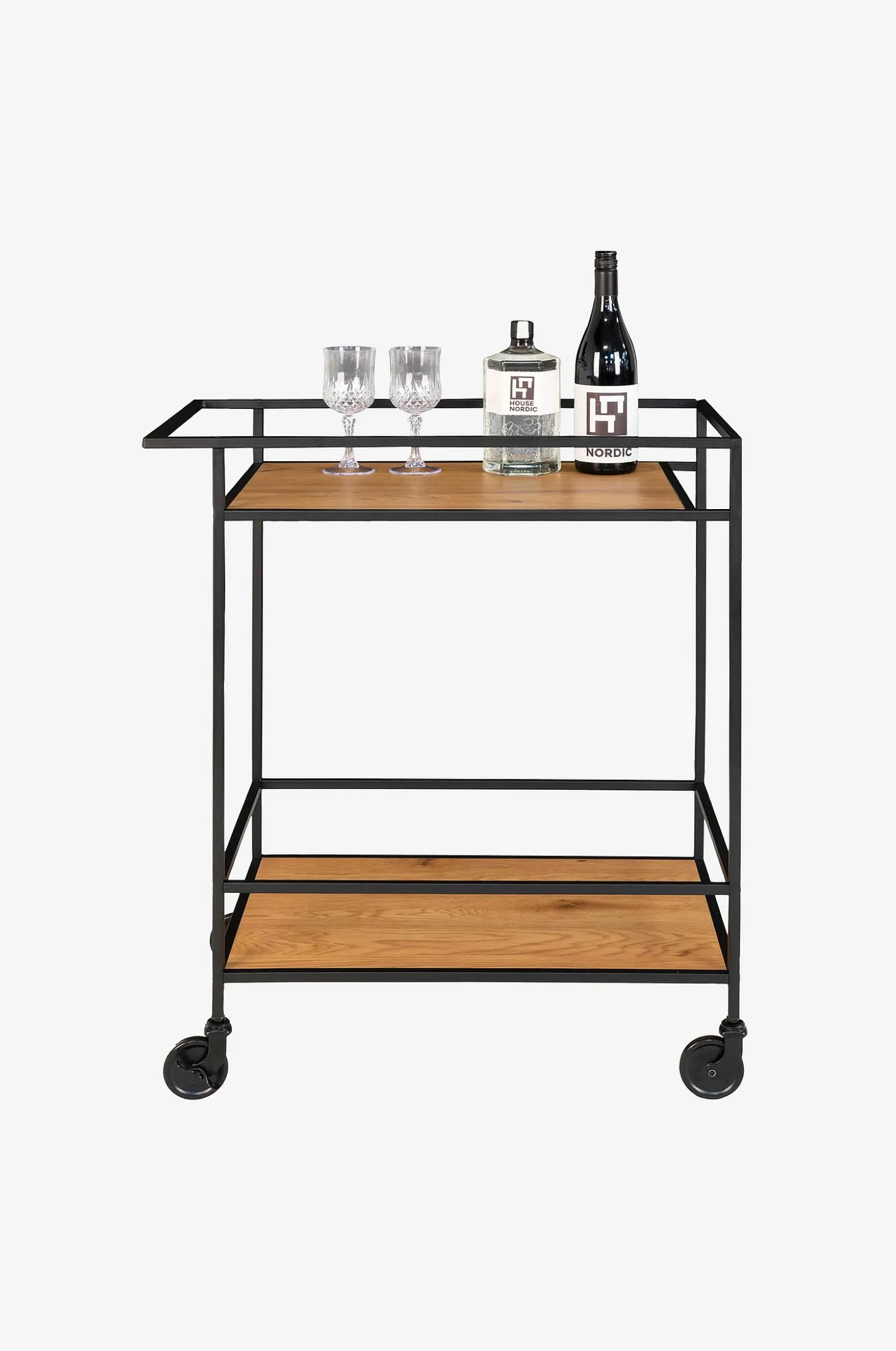 Bar Trolley Vita. Black frame with wheels and two Oak shelves
