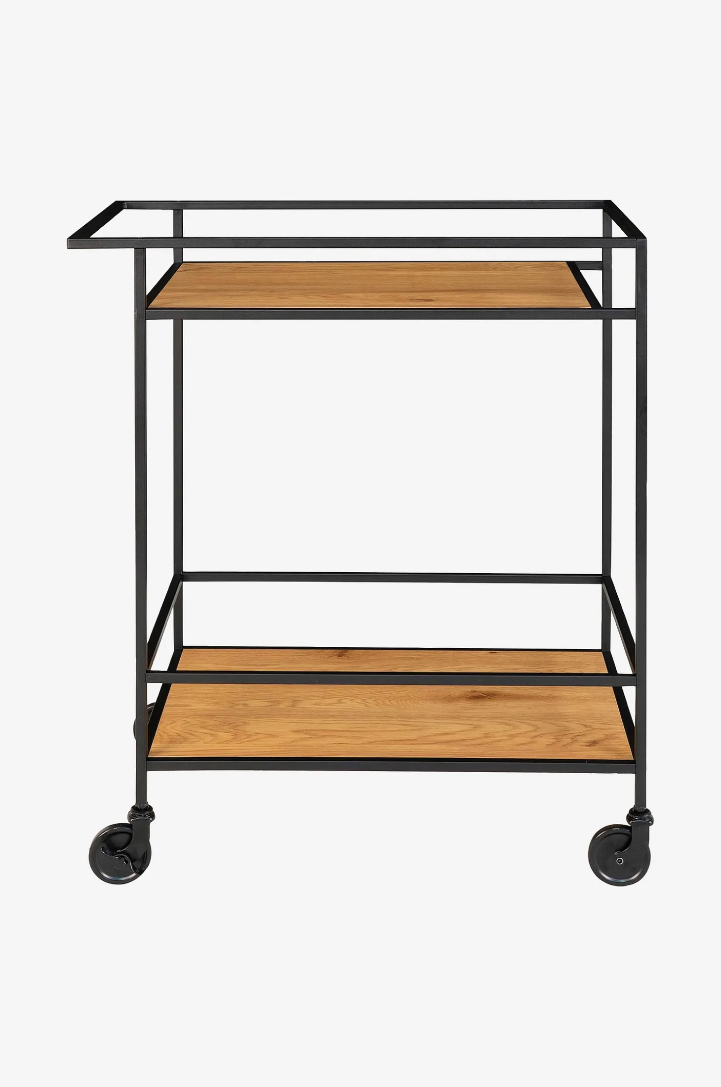 Bar Trolley Vita. Black frame with wheels and two Oak shelves